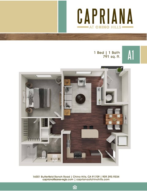 Floor plan for 1 bed, 1 bath, 791 sqft